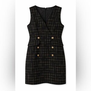 SHEIN Black Tweed Mini Dress with Gold Buttons